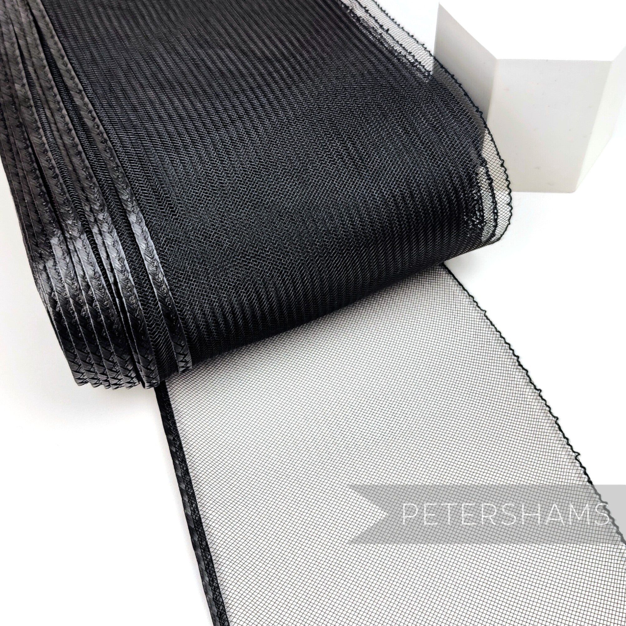 Petershams Millinery Supplies 15cm wide black crinoline ribbon with a shiny polybraid edge for hat making