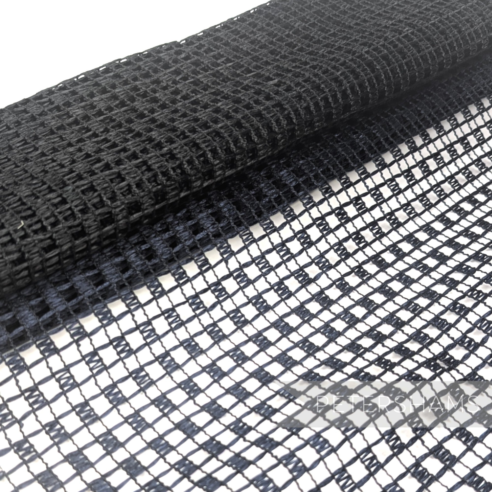Petershams Millinery Supplies vintage black laminated raffia mesh fabric with a glossy checkerboard weave pattern.