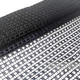 Petershams Millinery Supplies vintage black laminated raffia mesh fabric with a glossy checkerboard weave pattern.
