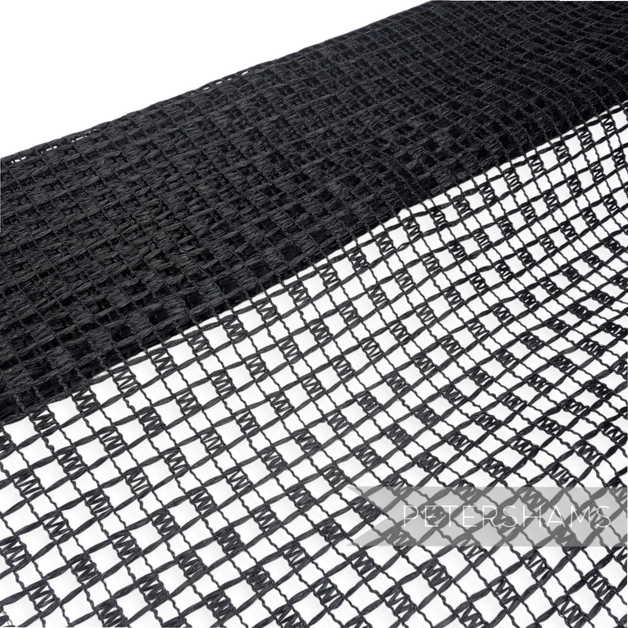 Petershams Millinery Supplies vintage black laminated raffia mesh fabric with a glossy checkerboard weave pattern.