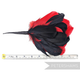 Petershams Millinery Supplies large feather hat mount with black and red goose nagorie and french partridge feathers.