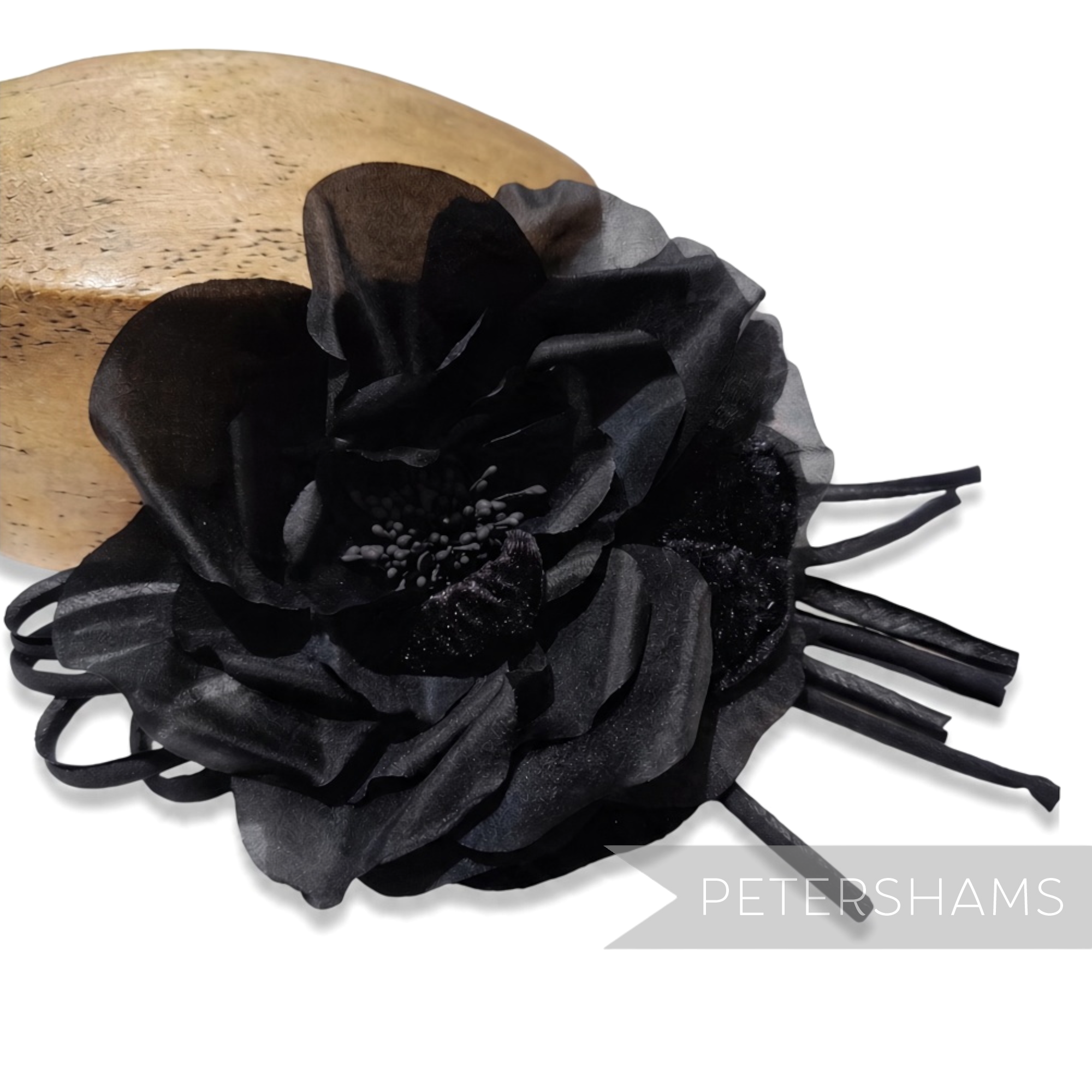 Petershams Millinery Supplies Bria black silk and velvet rose flower with wired stem and matt stamens