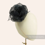 Petershams Millinery Supplies black sinamay cabbage rose flower hat mount with wired leaf, 10cm width.