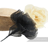Petershams Millinery Supplies black sinamay cabbage rose flower with wired stem and leaf, 10cm wide.