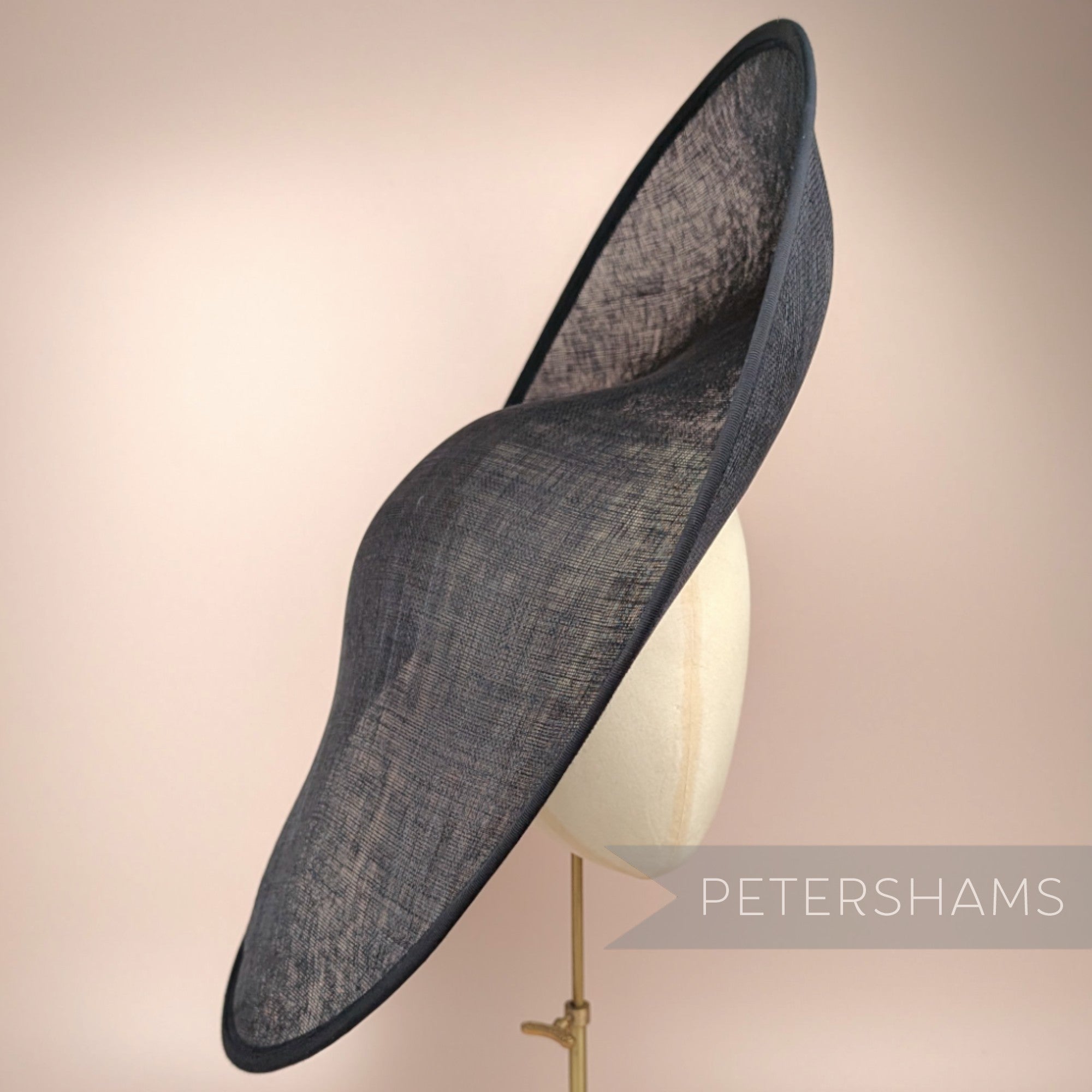 Petershams Millinery Supplies extra large black sloped sinamay hat base with petersham ribbon edge