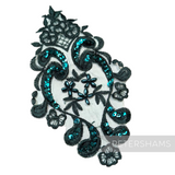 Petershams Millinery Supplies black lace motif with teal sequins and floral embroidery for bridal headpieces