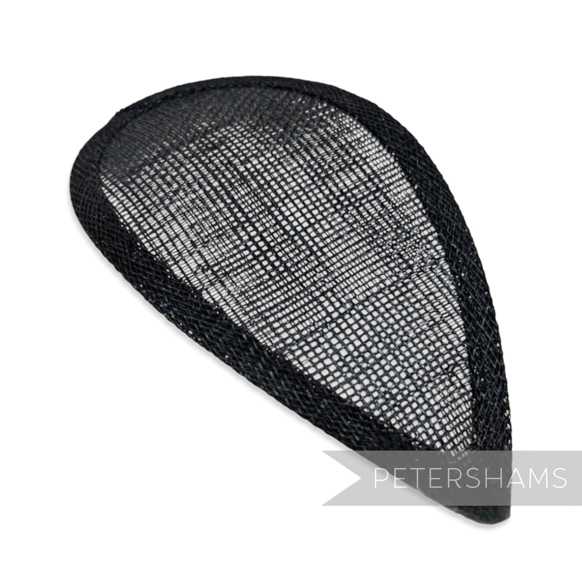 Petershams Millinery Supplies black teardrop shaped sinamay hat base with wired edges for custom millinery designs.