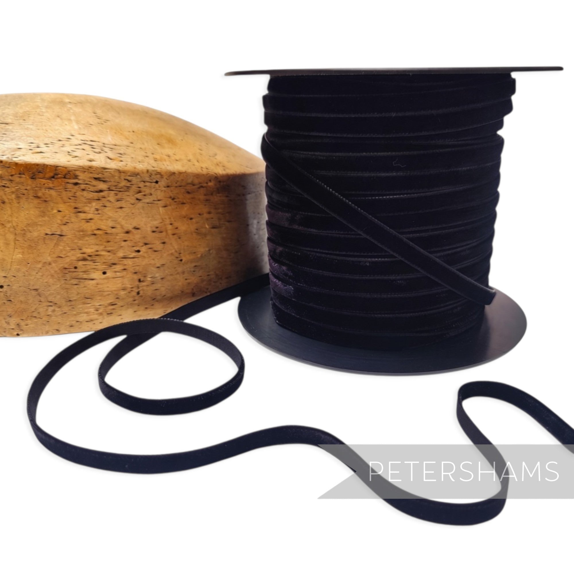 Petershams Millinery Supplies 7mm black French velvet ribbon on a spool