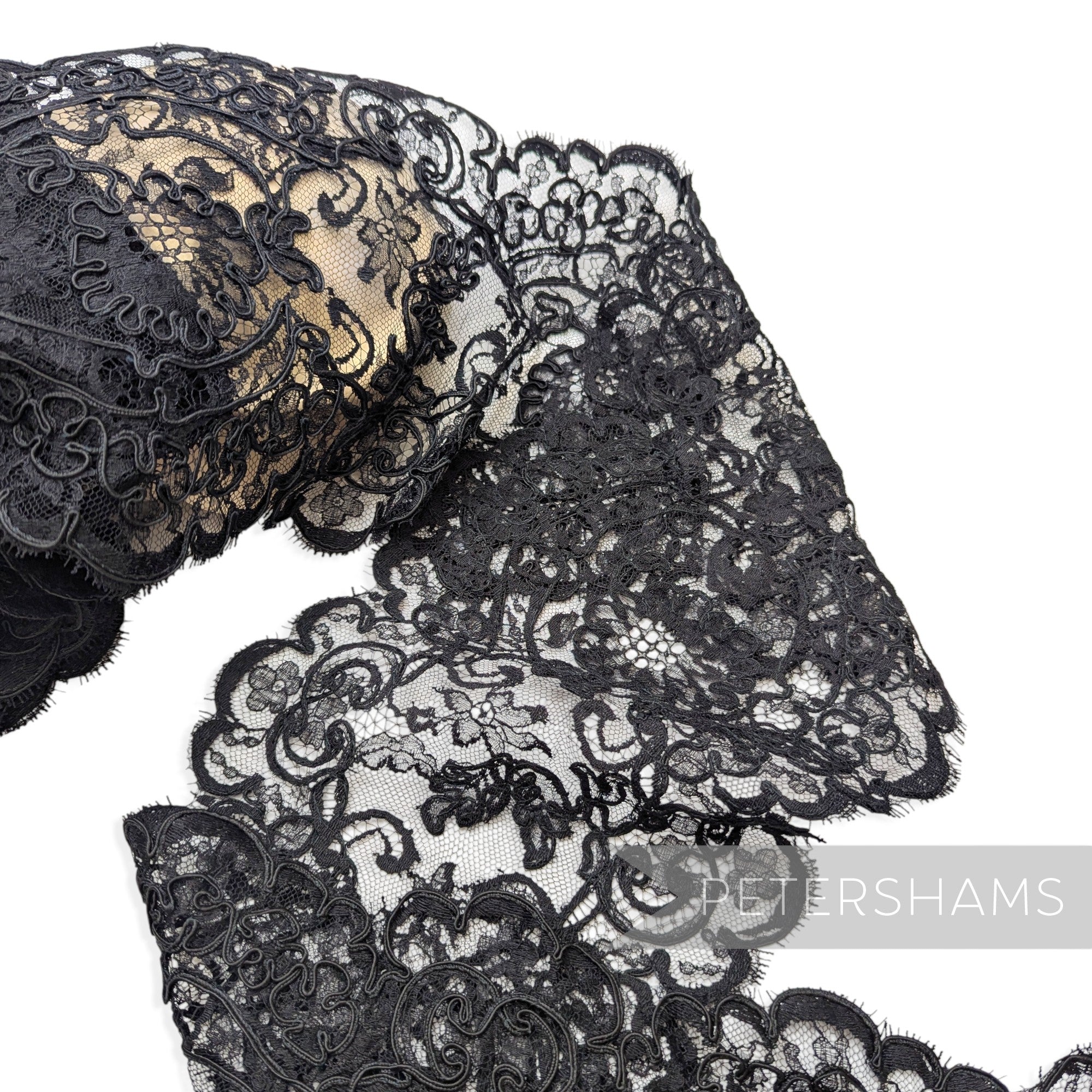 Petershams Millinery Supplies vintage 1980s black floral lace trim with double scallop eyelash edges