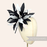 Petershams Millinery Supplies Kay large black and white goose feather pom flower hat mount on a mannequin head