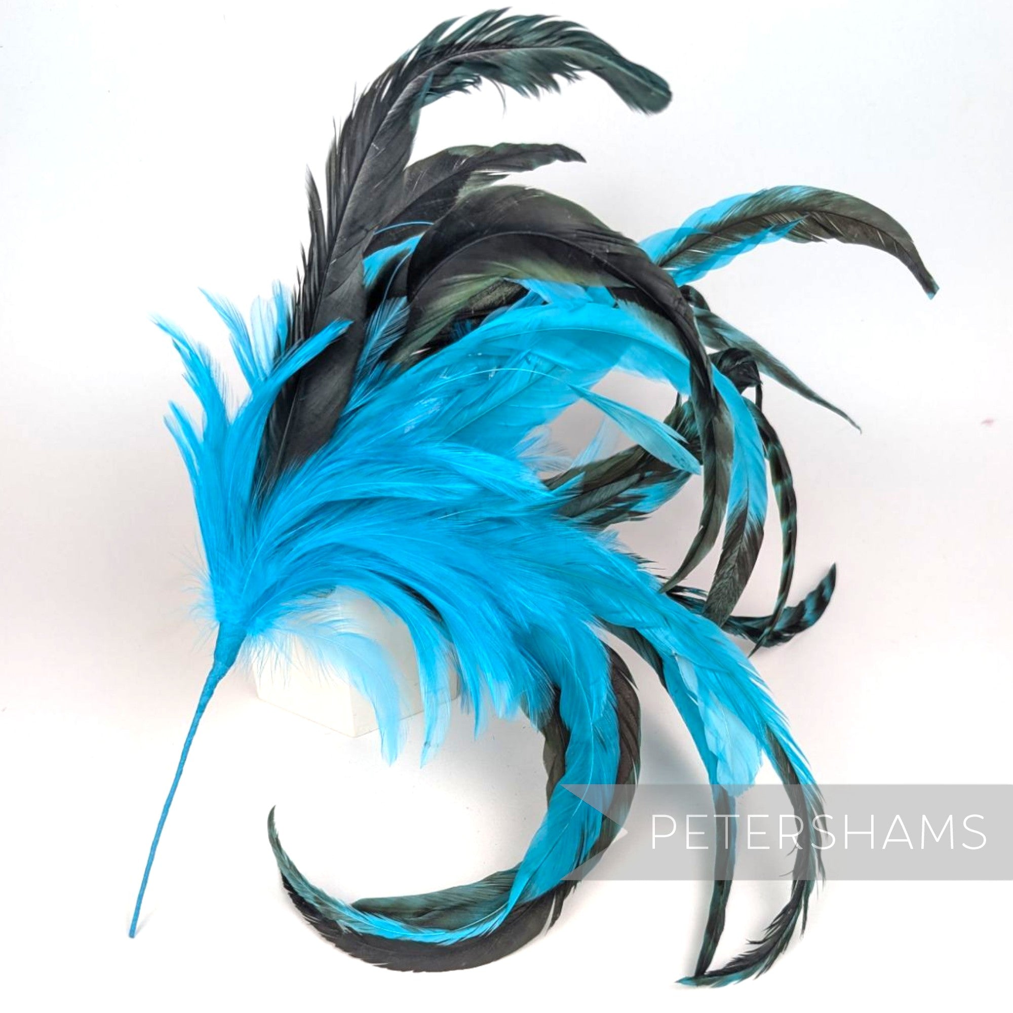 Petershams Millinery Supplies extra large feather hat mount with bright blue and black chinchilla pattern coque