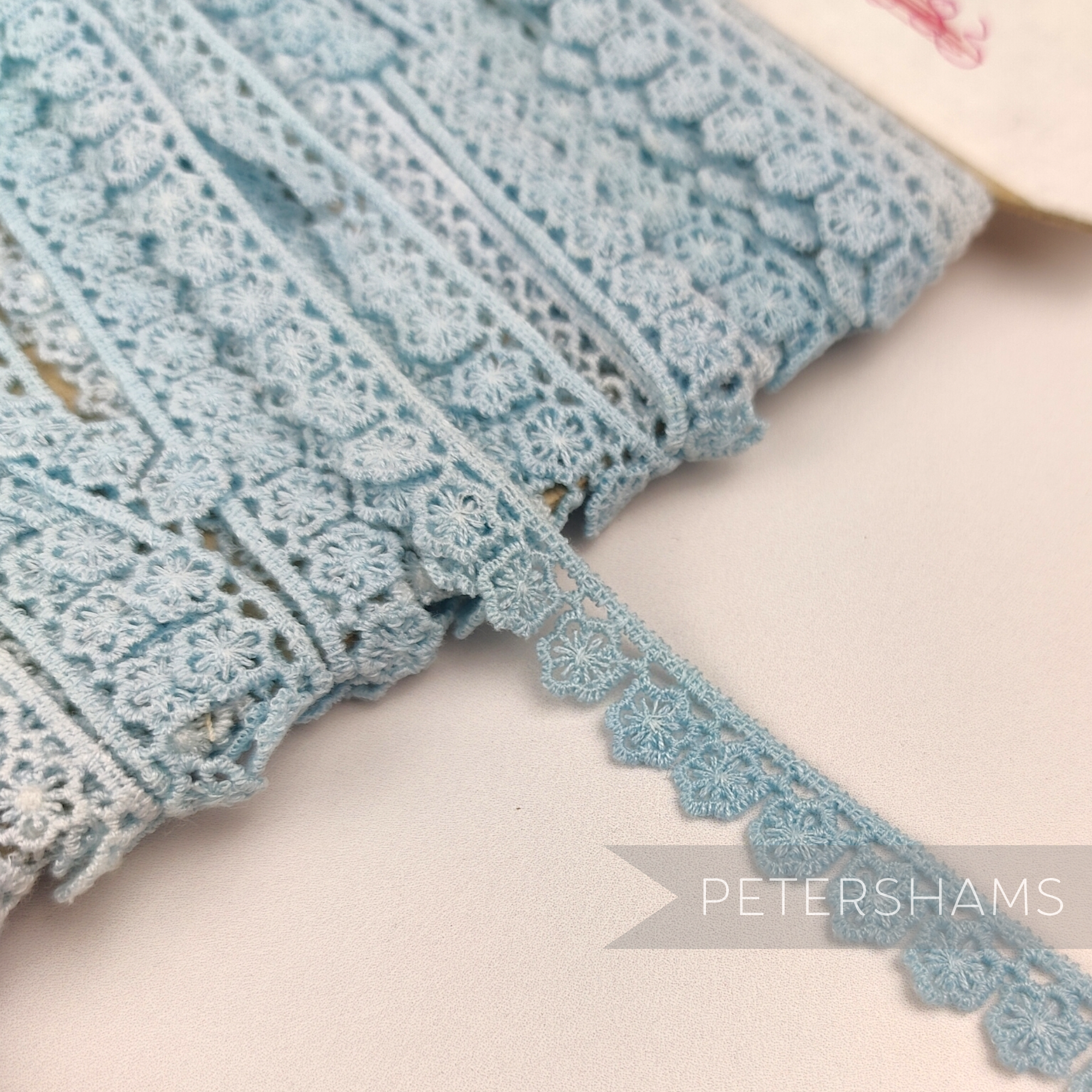 Petershams Millinery Supplies vintage 11mm light blue daisy lace trim with classic floral pattern