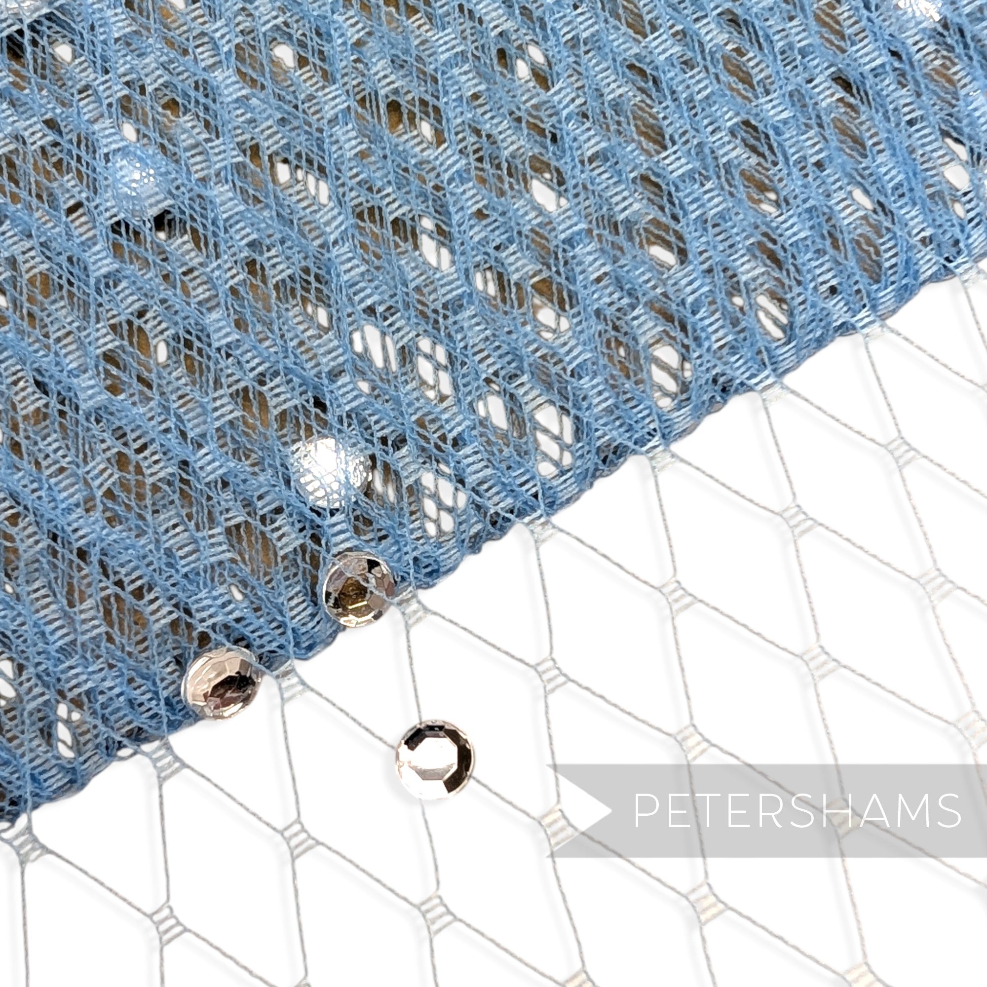 Petershams Millinery Supplies blue diamond-patterned veiling with clear acrylic diamante embellishments