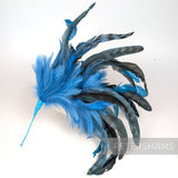 Petershams Millinery Supplies blue and black chinchilla pattern coque and hackle feather hat mount on wire