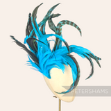 Petershams Millinery Supplies extra large feather hat mount with blue and black chinchilla pattern coque and hackle
