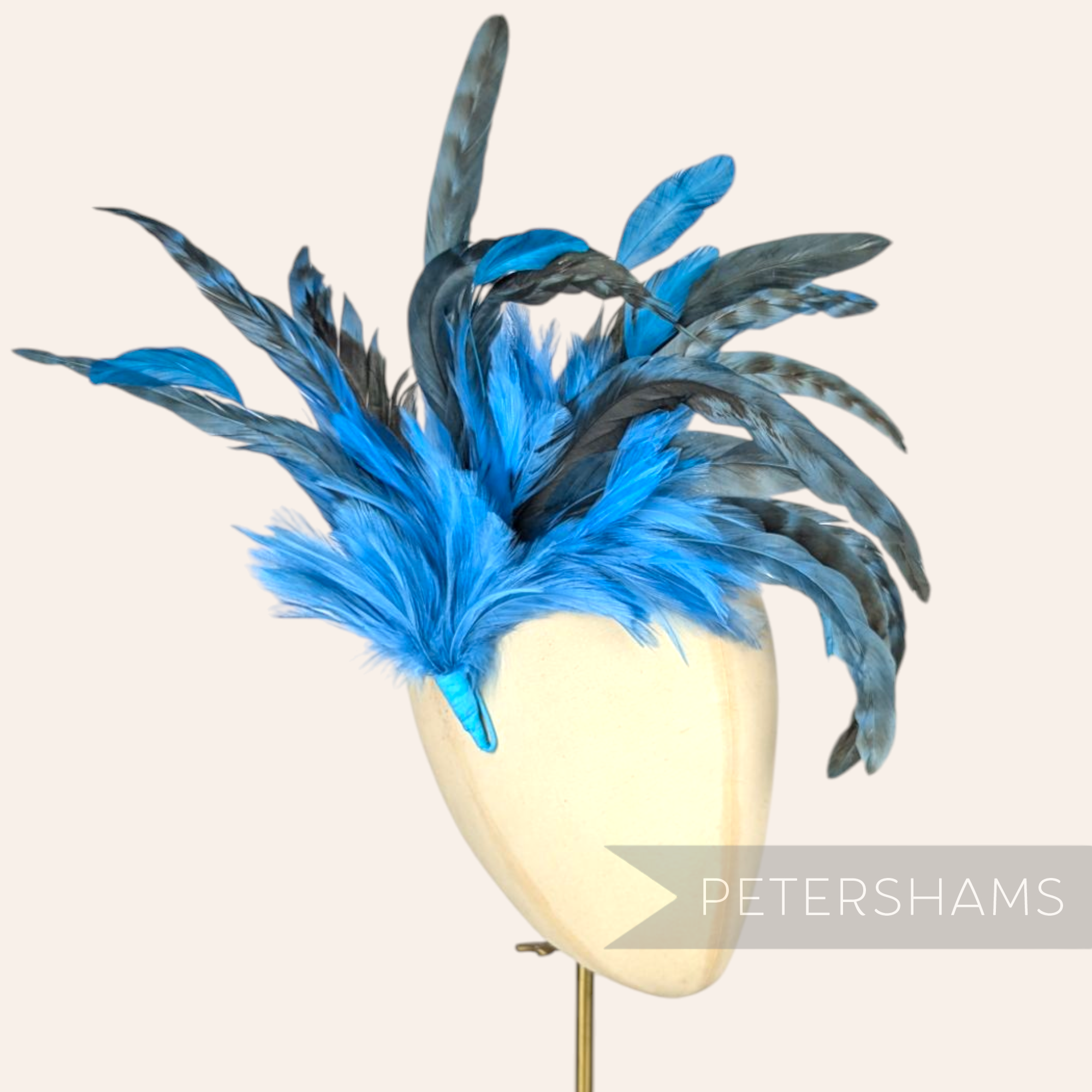Petershams Millinery Supplies extra large blue and grey chinchilla pattern coque and hackle feather hat mount
