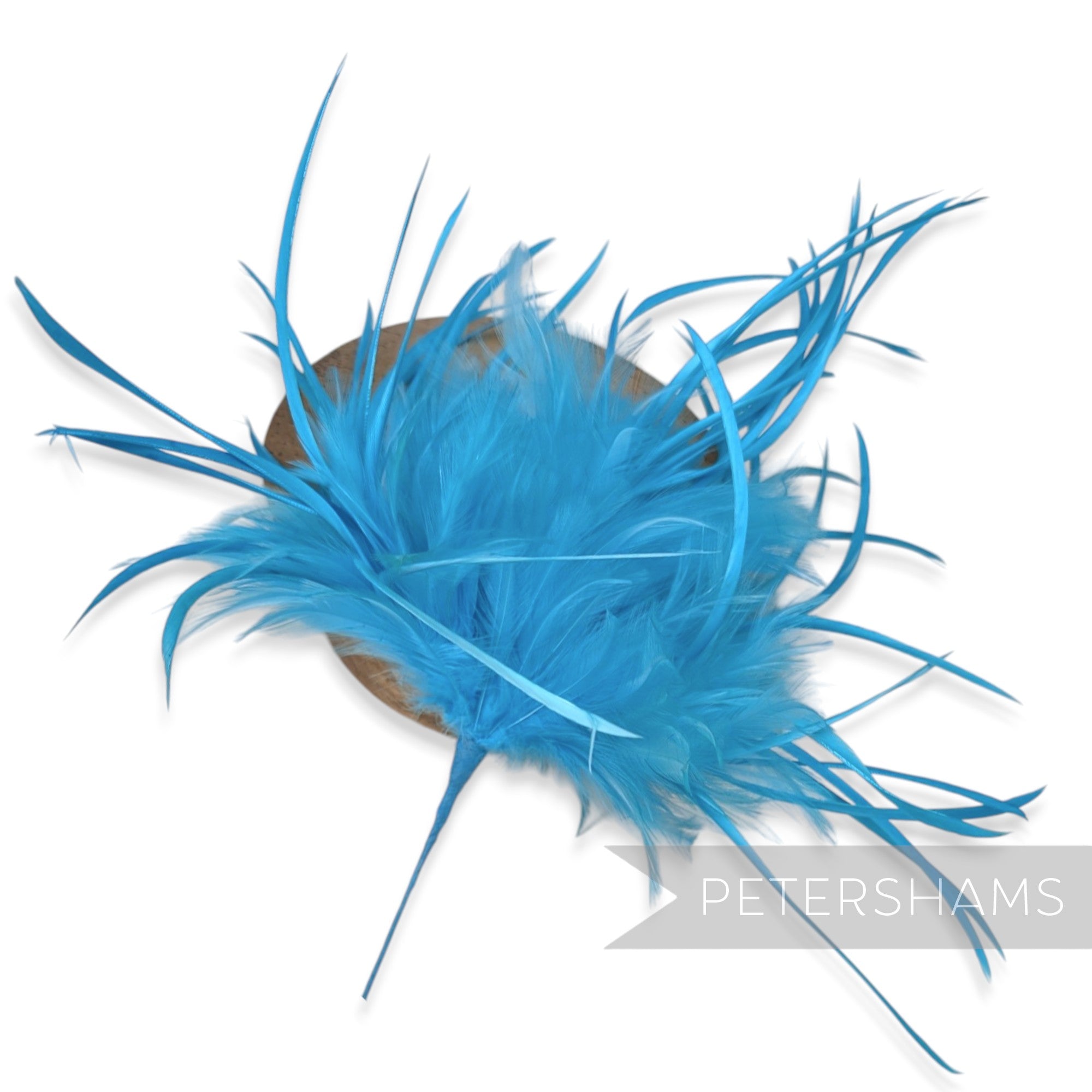 Petershams Millinery Supplies mega bright turquoise hackle and goose biot feather hat mount with five wired section