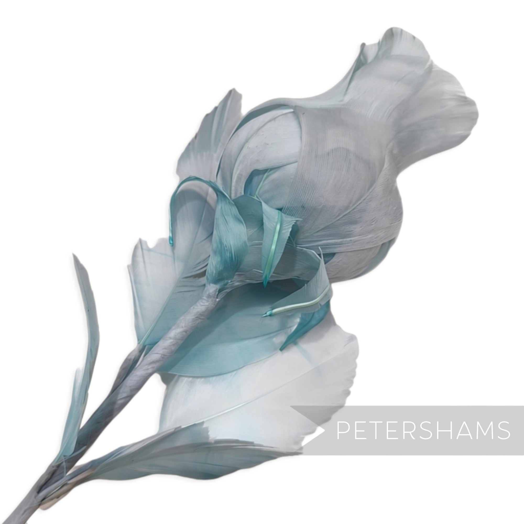 Petershams Millinery Supplies Belle goose feather rosebud hat mount in light blue with wired stem and leaves.