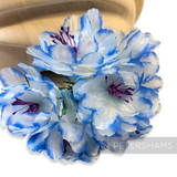 Petershams Millinery Supplies vintage wired flower mount with fluffy light blue petals and dark blue contrast edges.