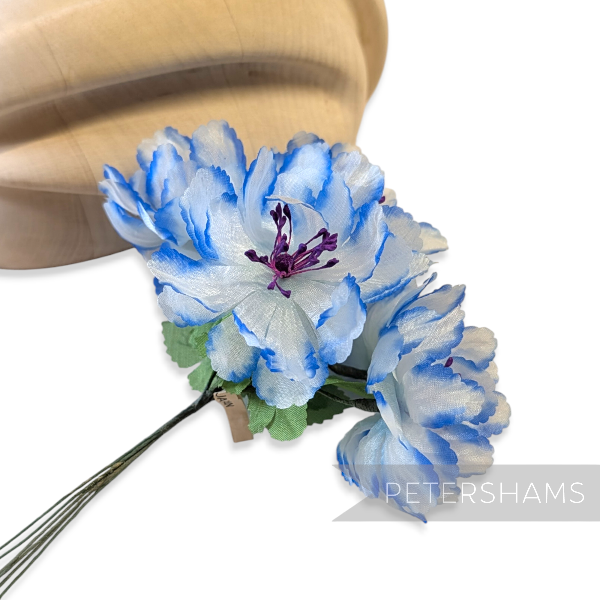 Petershams Millinery Supplies vintage wired blue and white contrast edge flower mount for hat making