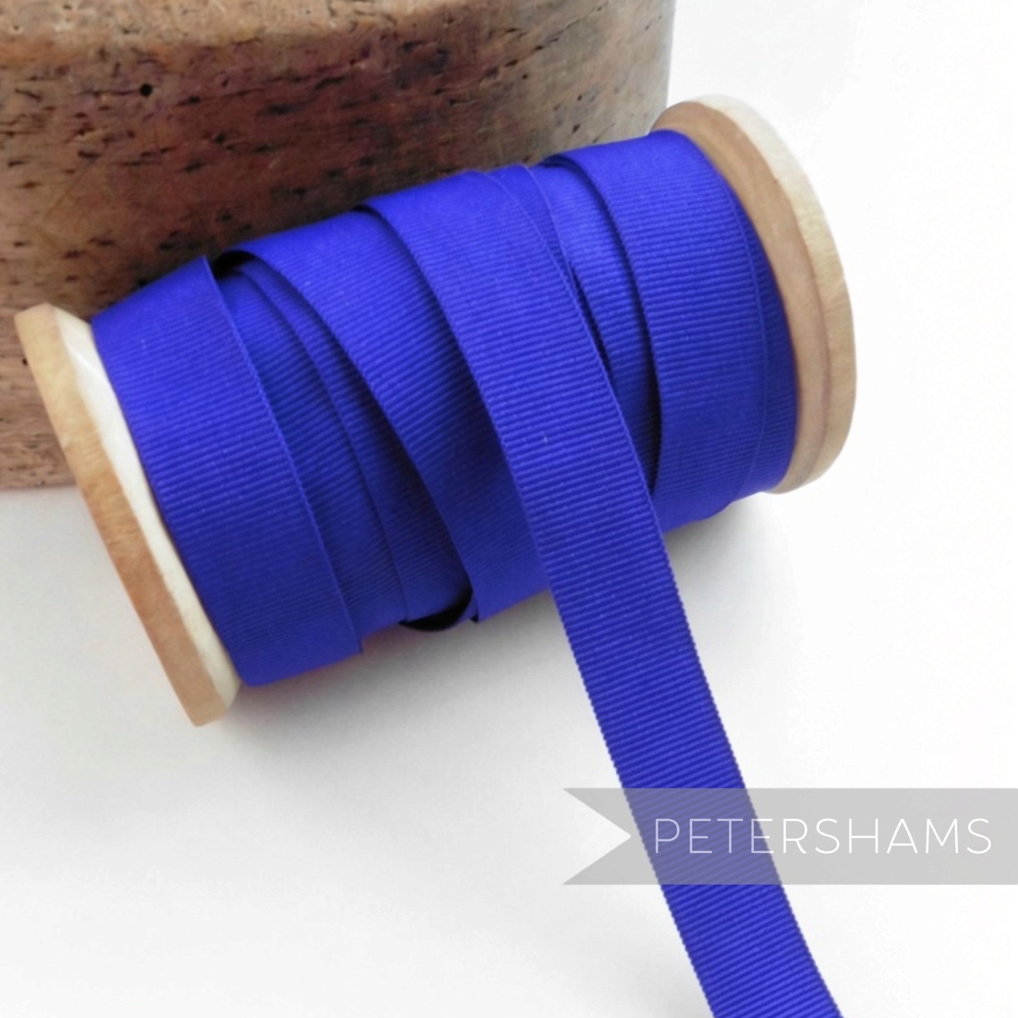 Petershams Millinery Supplies vintage 15mm wide royal blue grosgrain ribbon on a wooden spool for hat trimming