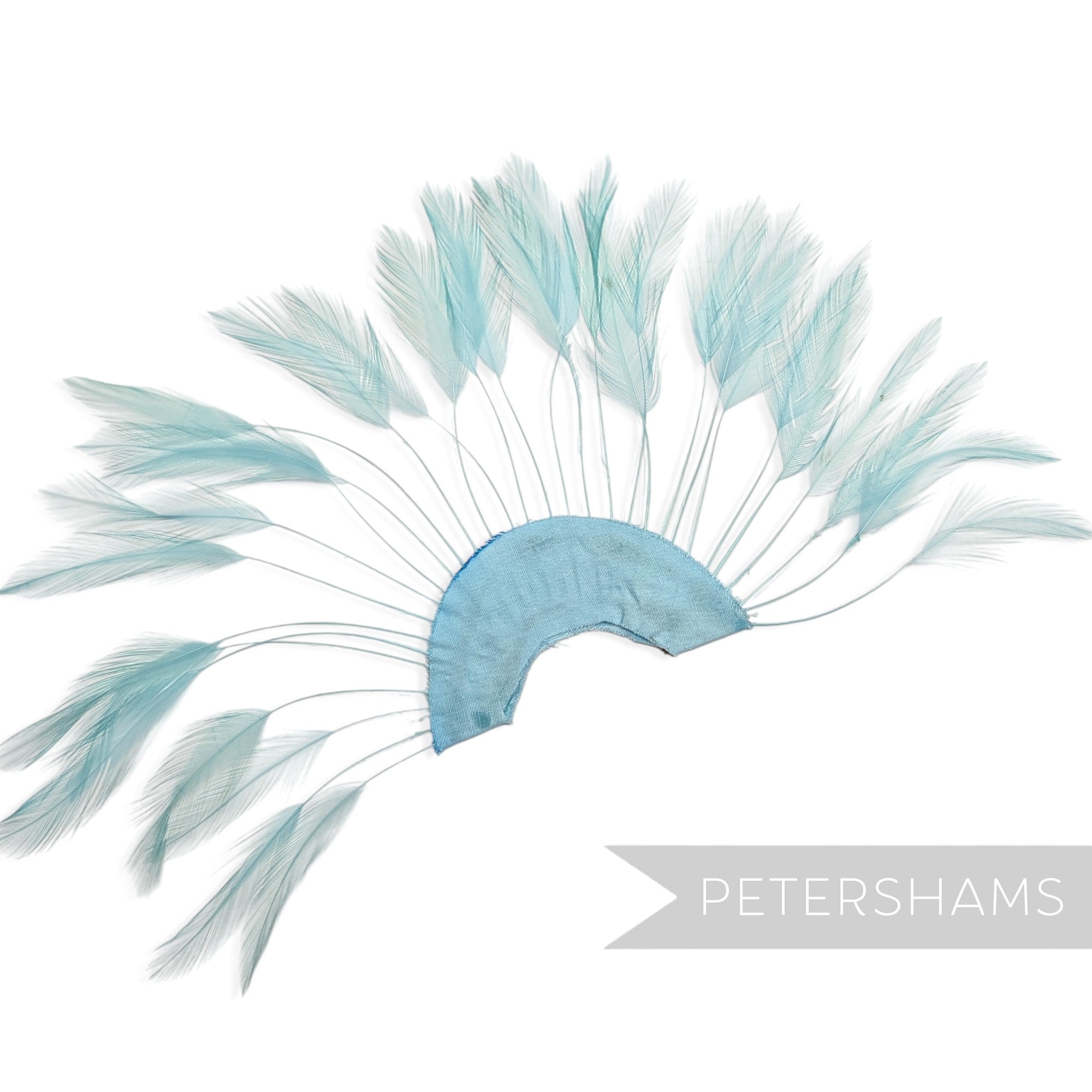 Petershams Millinery Supplies  aqua blue stripped hackle feather fan on a cotton base for hat and fascinator trimming