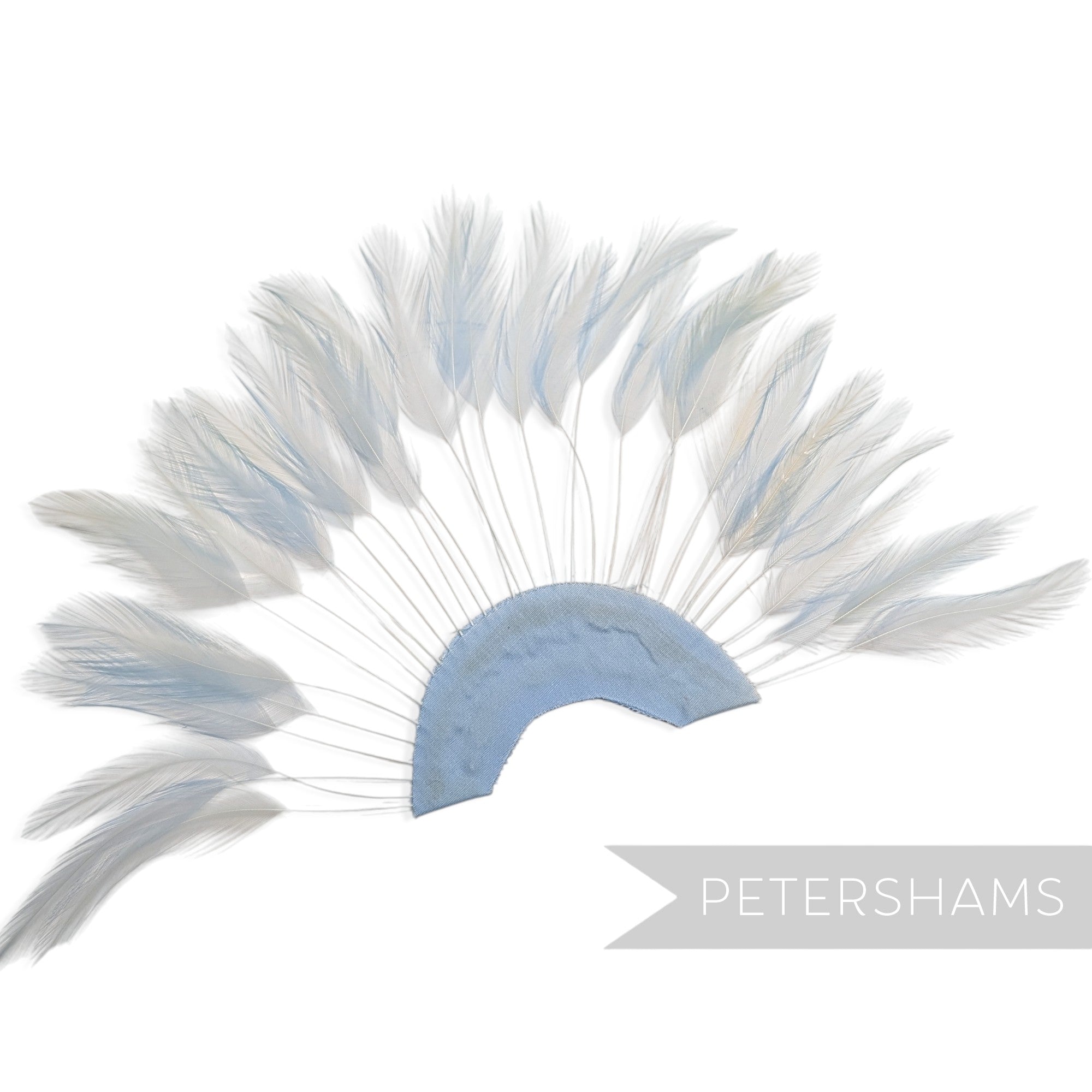Petershams Millinery Supplies  powder blue stripped hackle feather fan on a cotton base for hat and fascinator trimming