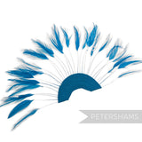 Petershams Millinery Supplies turquoise stripped hackle feather fan on a cotton base for hat and fascinator trimming.