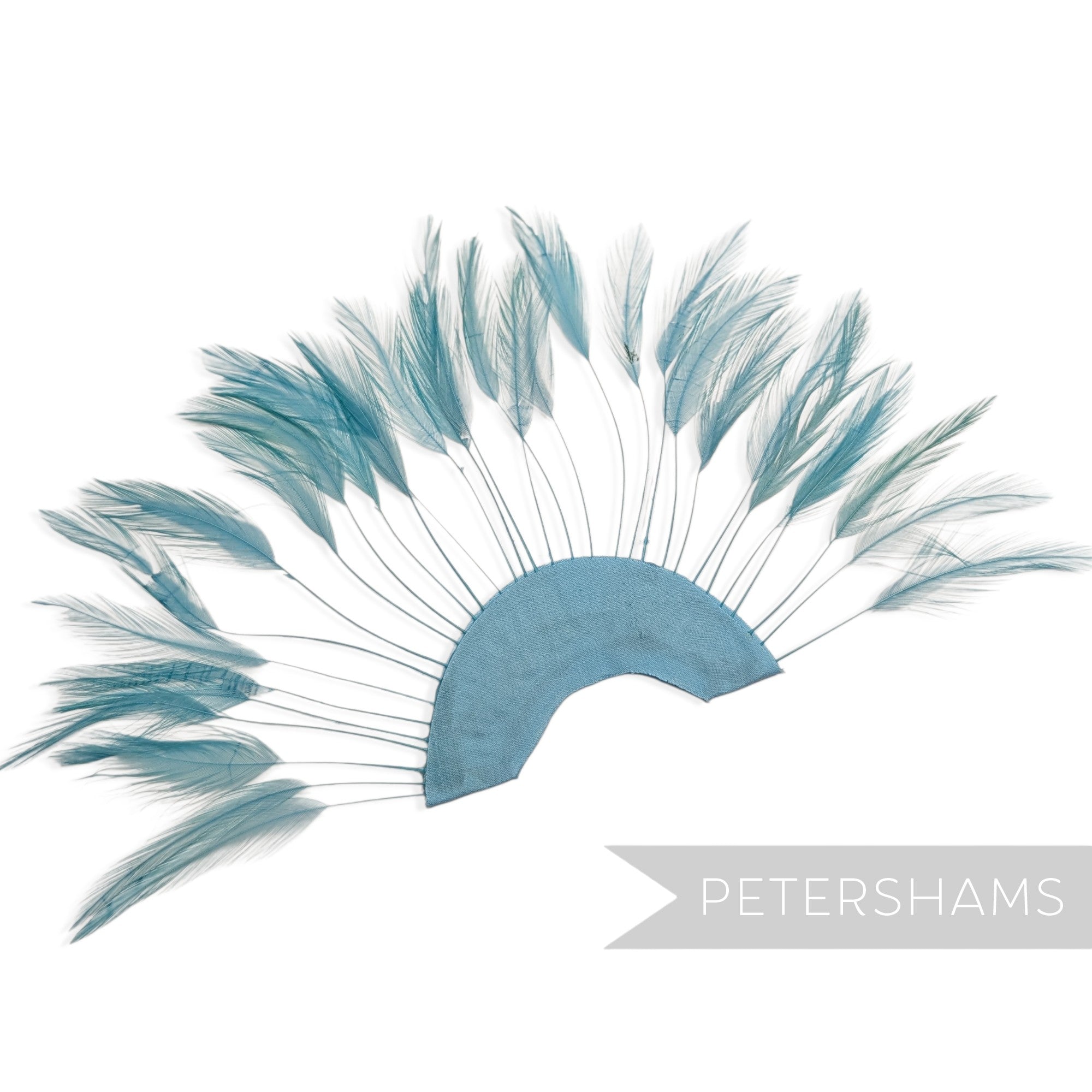 Petershams Millinery Supplies duck egg stripped hackle feather fan on a cotton base for hat and fascinator trimming