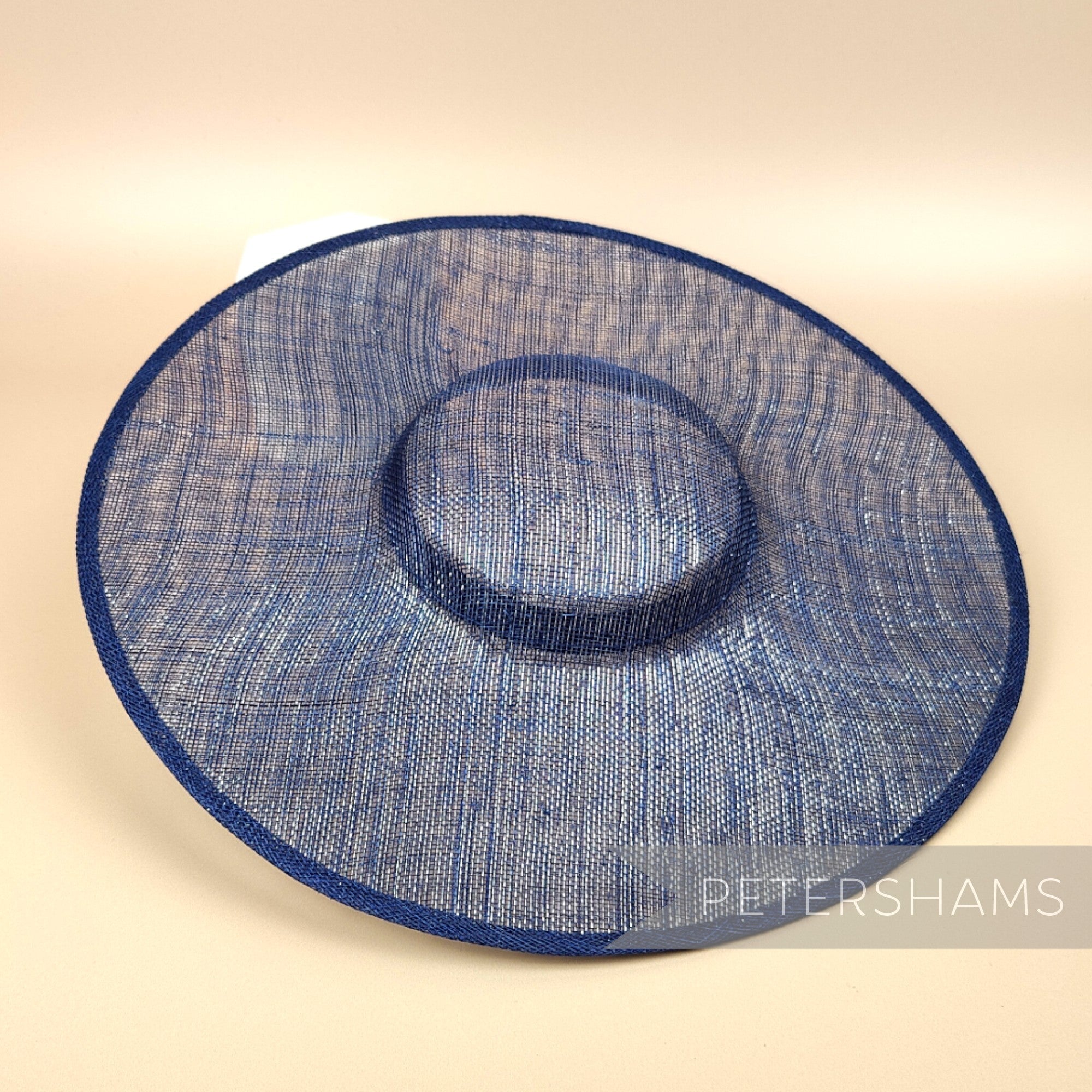 Petershams Millinery Supplies metallic blue lurex sinamay cartwheel fascinator hat base with a stiffened wide brim