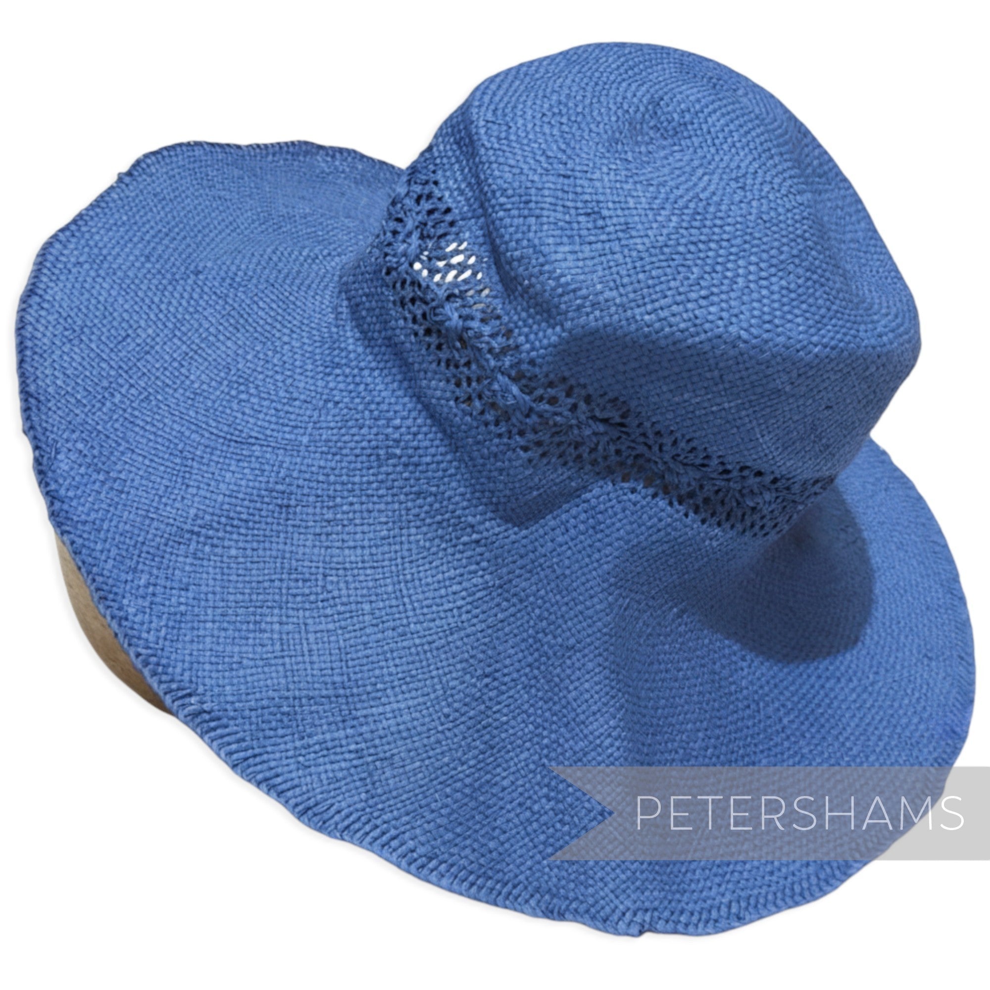 Petershams Millinery Supplies blue paper capeline hat body with decorative open weave side vent for summer millinery
