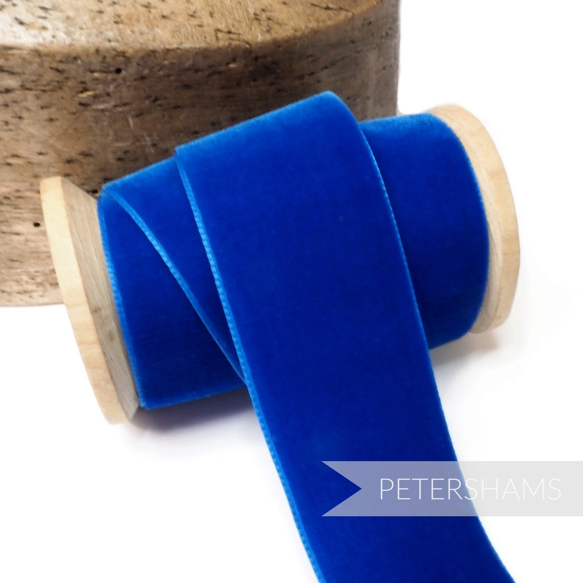 Petershams Millinery Supplies 38mm wide vintage royal blue velvet ribbon on a wooden spool