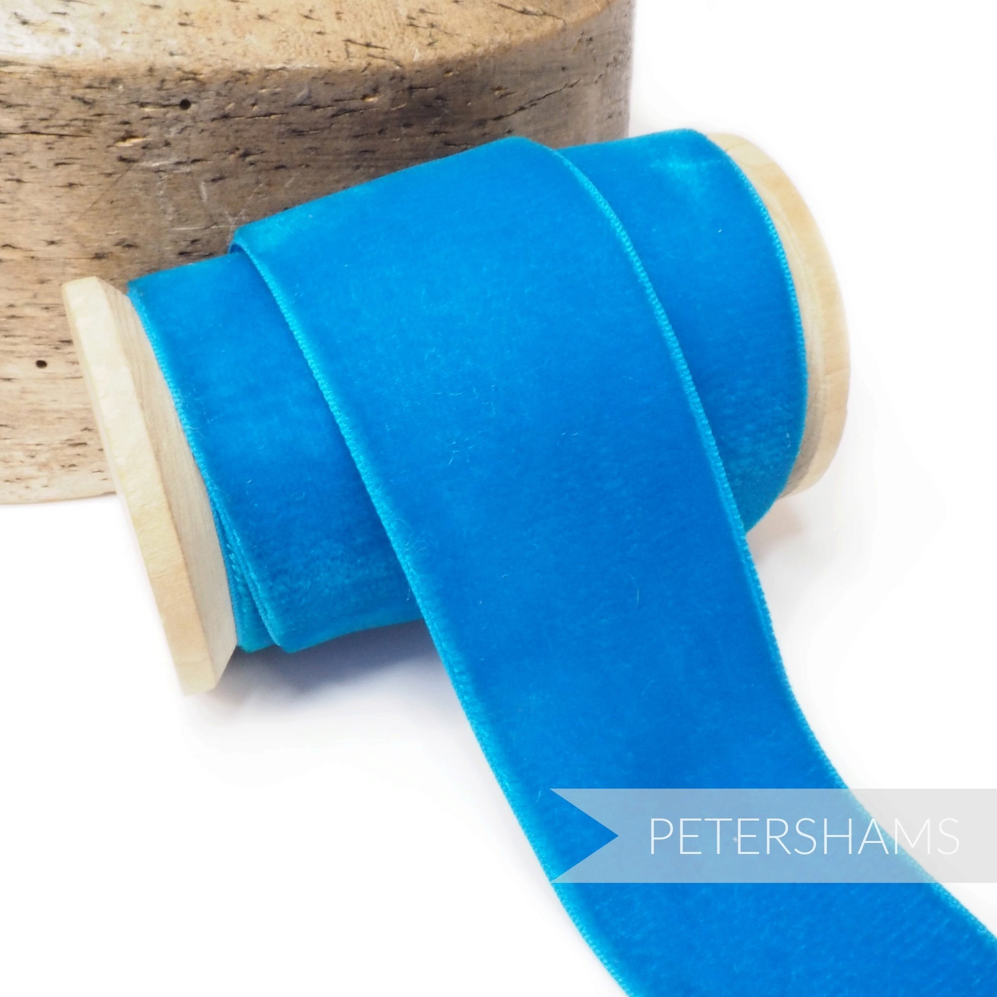 Petershams Millinery Supplies 38mm wide vintage deep turquoise velvet ribbon on a wooden spool