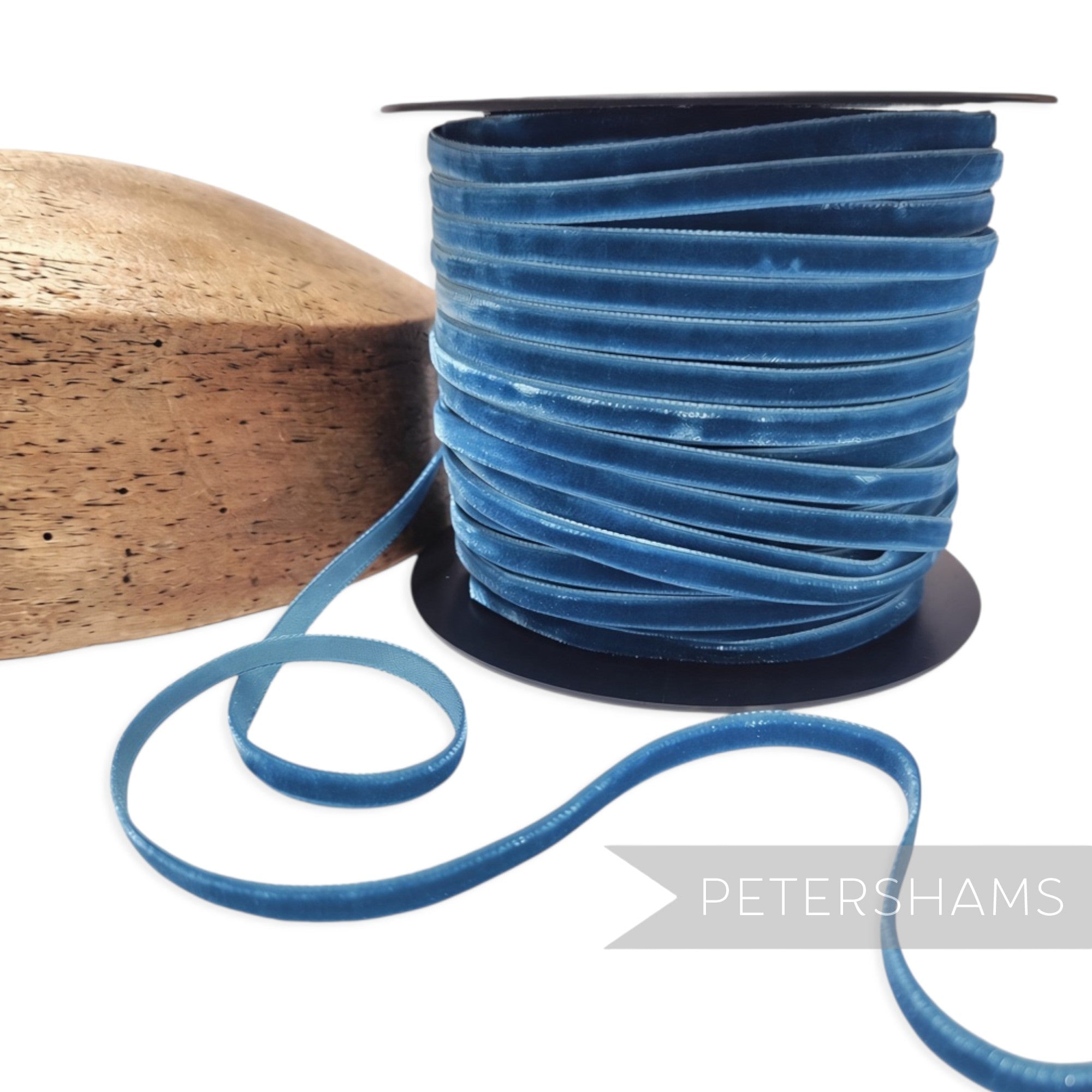 Petershams Millinery Supplies 7mm teal French velvet ribbon on a spool