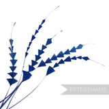 Petershams Millinery Supplies pack of five royal blue coque feathers trimmed into a decorative zig zag pattern.