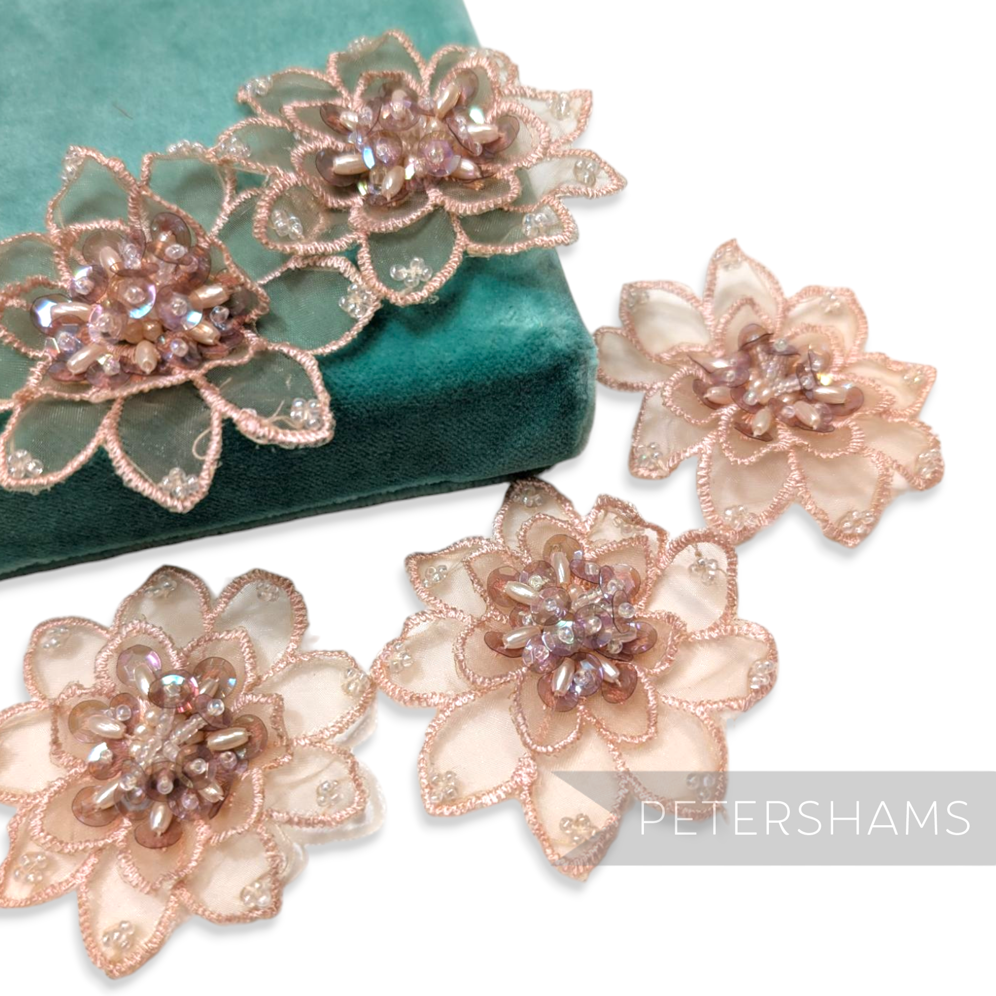 Petershams Millinery Supplies blush pink organza flower motifs with beaded and sequin centers, set of five.