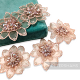 Petershams Millinery Supplies blush pink organza flower motifs with beaded and sequin centers, set of five.