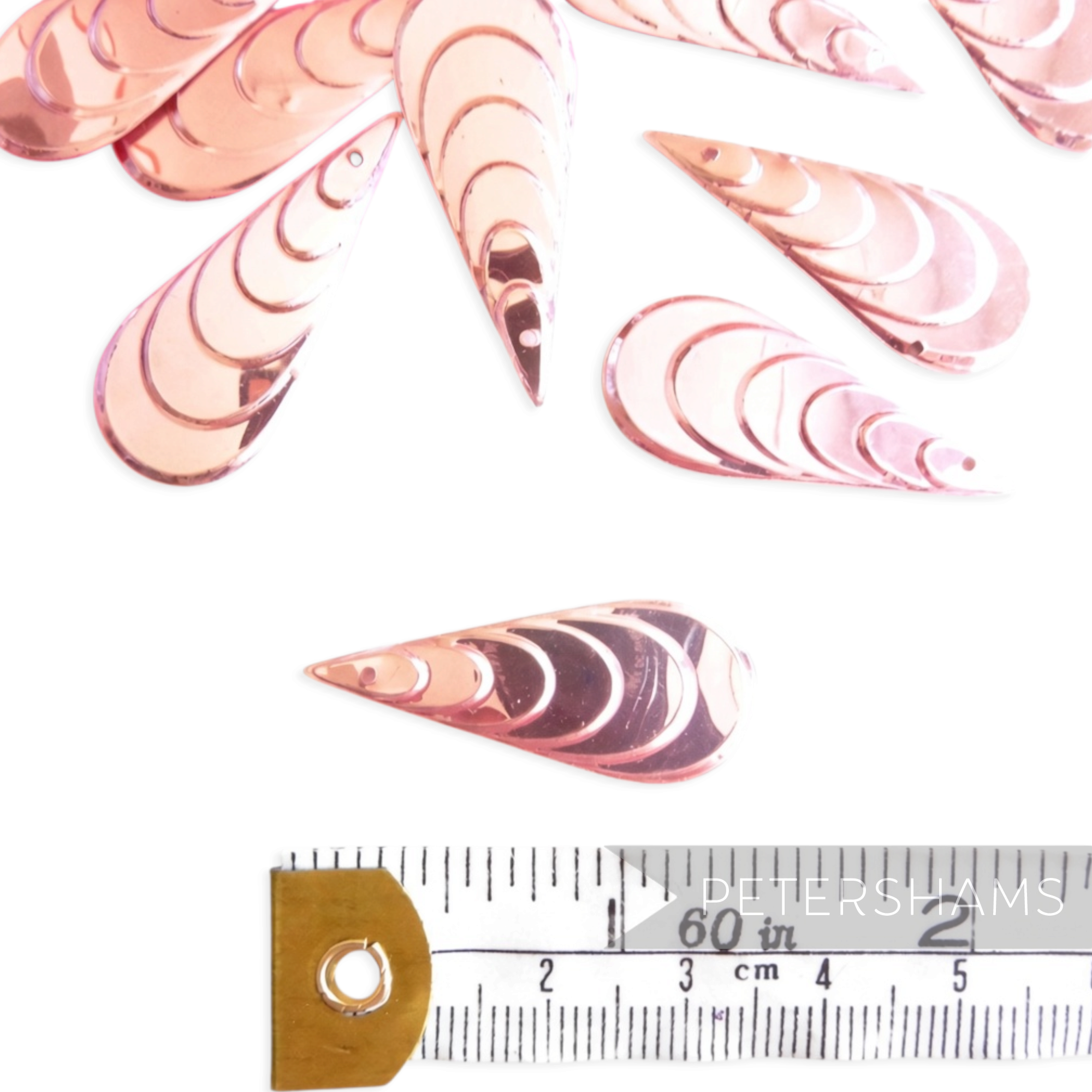 Petershams Millinery Supplies vintage metallic blush pink tiered teardrop sequins with a single sew hole