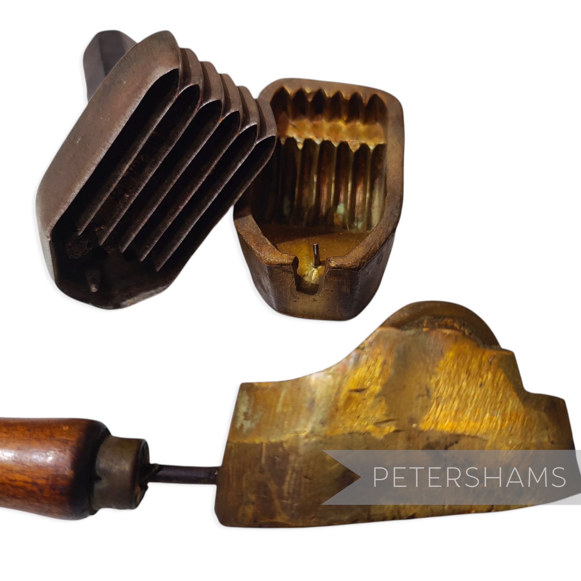 Petershams Millinery Supplies antique brass chrysanthemum petal flower mould set with metal cutter and wooden handle