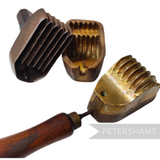 Petershams Millinery Supplies antique brass chrysanthemum petal flower mould and cutter set with wooden handle