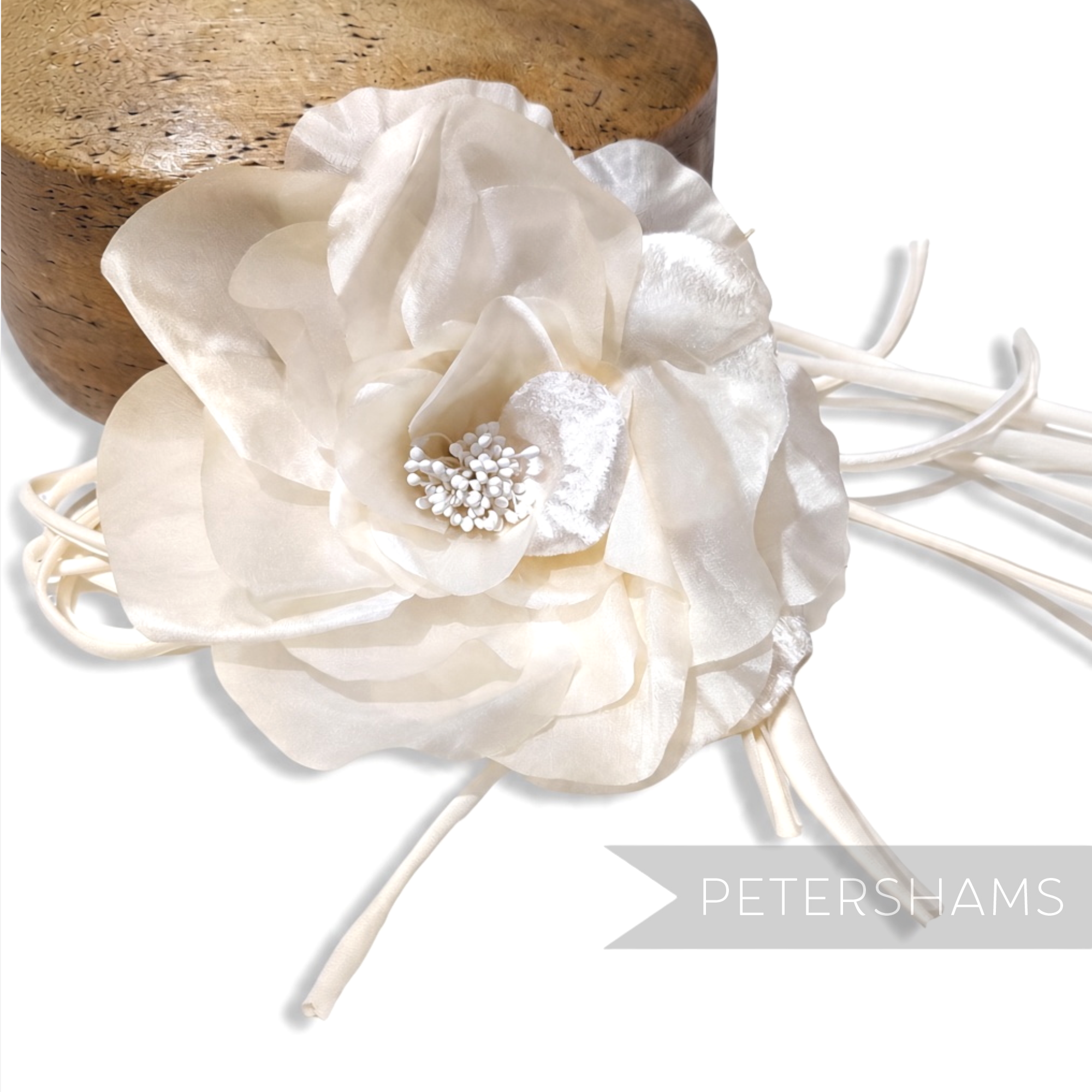Petershams Millinery Supplies Bria large ivory silk and velvet rose flower with stamens and hand rolled silk loops