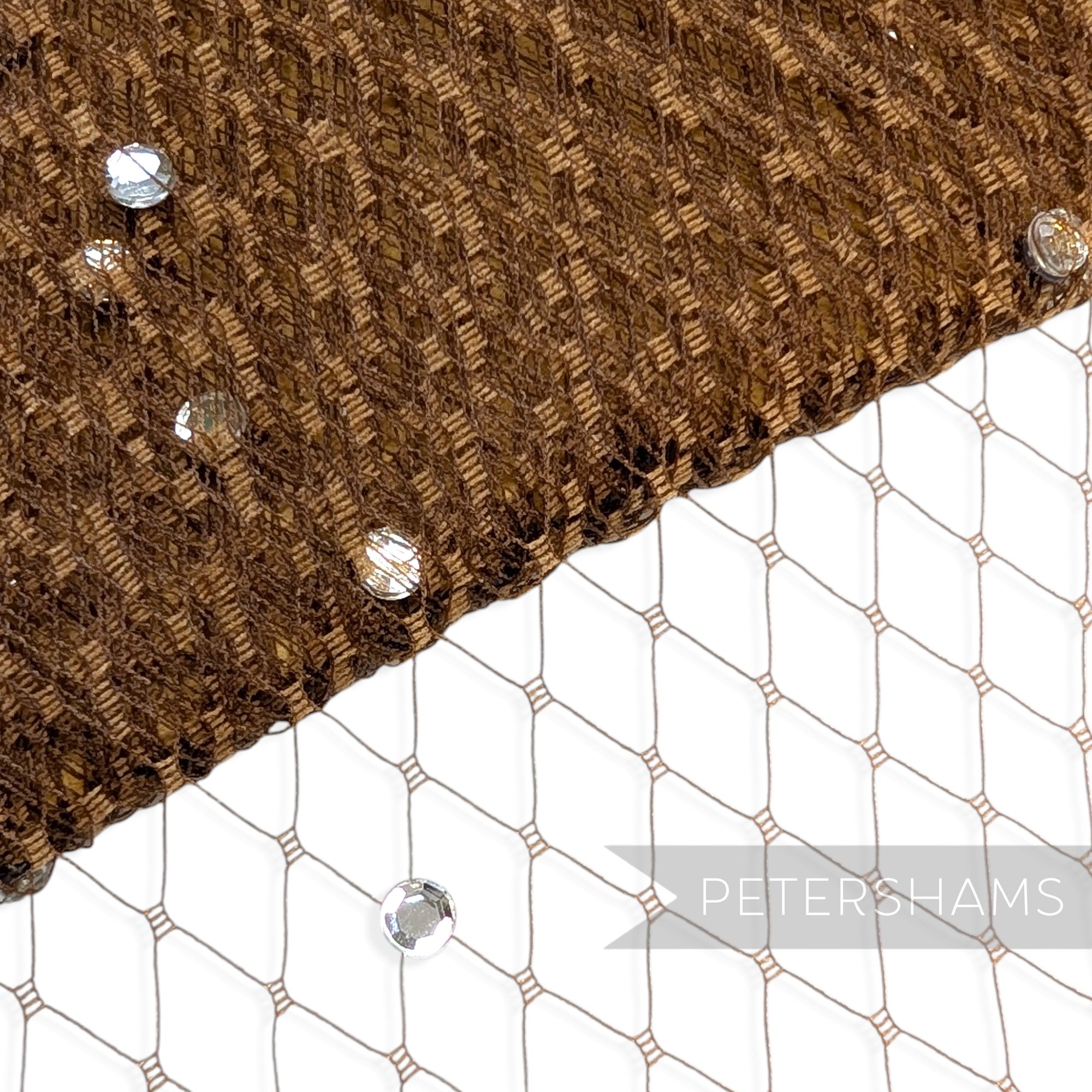 Petershams Millinery Supplies brown diamond-patterned veiling embellished with clear acrylic diamante rhinestones
