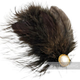 Petershams Millinery Supplies brown marabou and coque feather hat mount with a pearlescent cabochon and gold trim.
