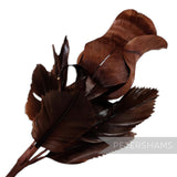 Petershams Millinery Supplies Belle brown goose feather rosebud flower mount with wired leaves and stem