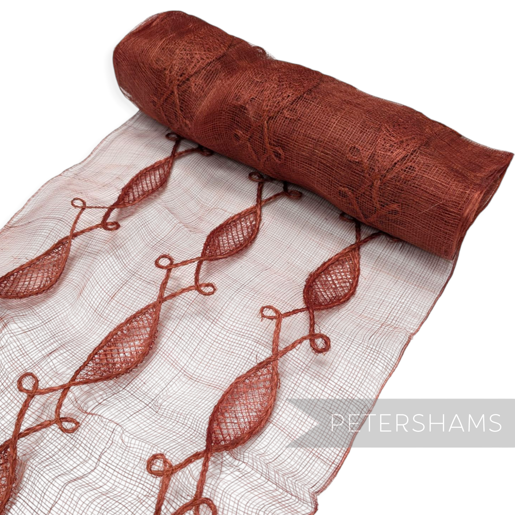 Petershams Millinery Supplies brown sinamay fabric roll with renaissance swirl applique and woven grid detailing.