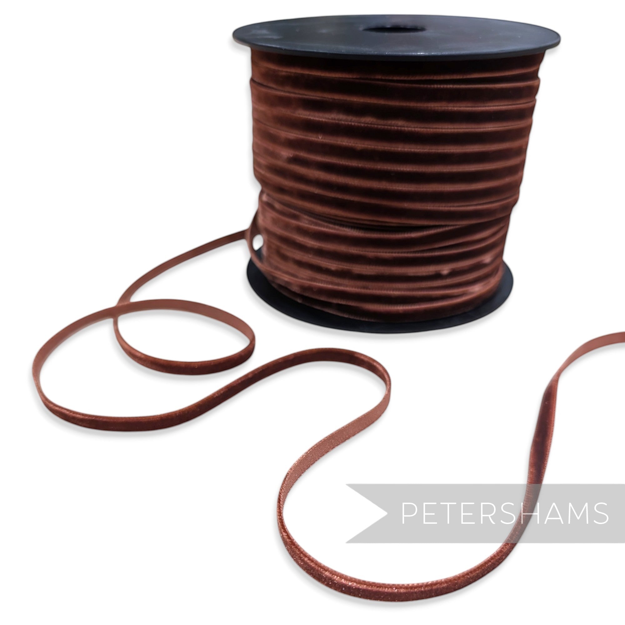 Petershams Millinery Supplies 7mm rust French velvet ribbon on a spool with a luxurious sheen and soft pile