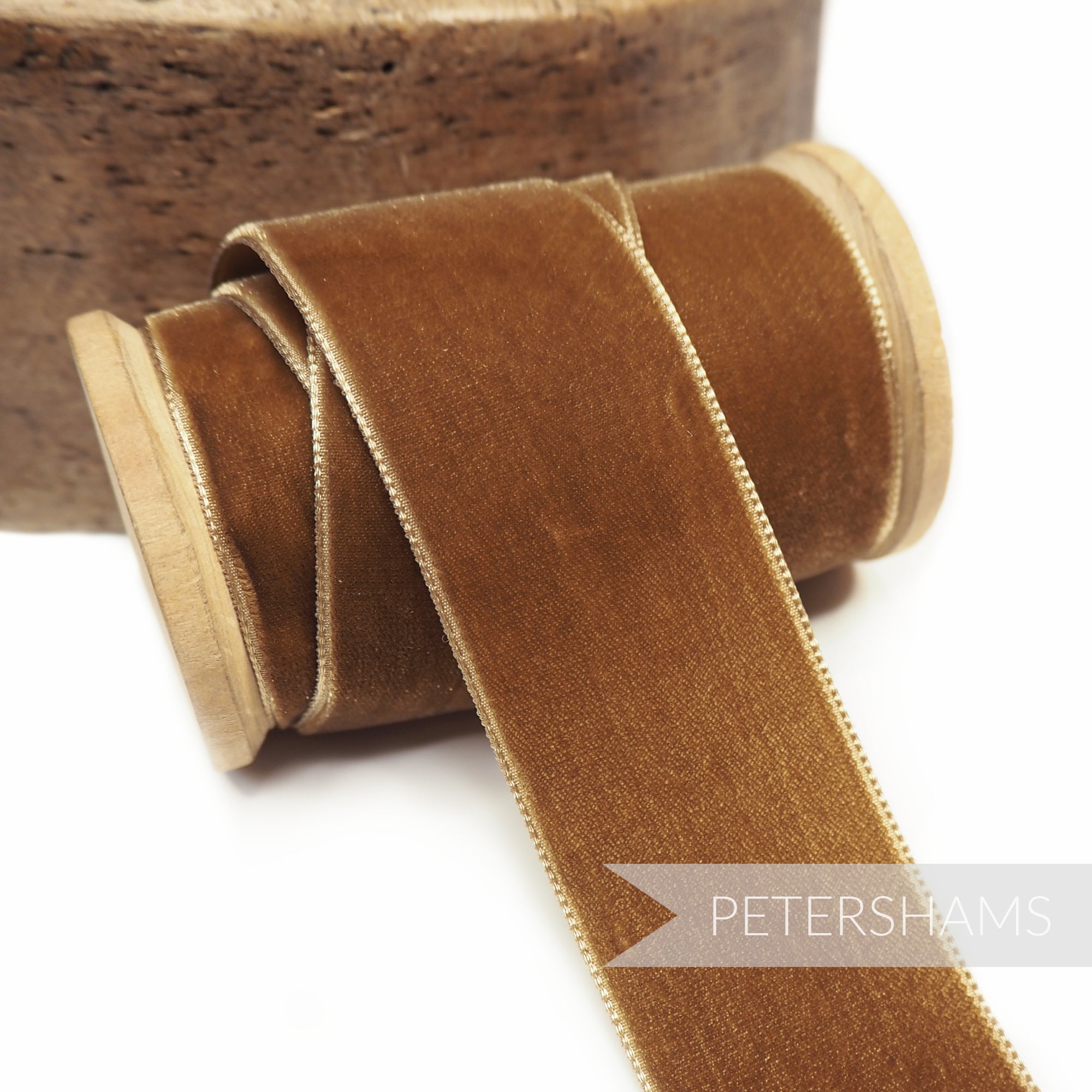 Petershams Millinery Supplies 36mm toast brown French velvet ribbon on a wooden spool with a luxurious sheen