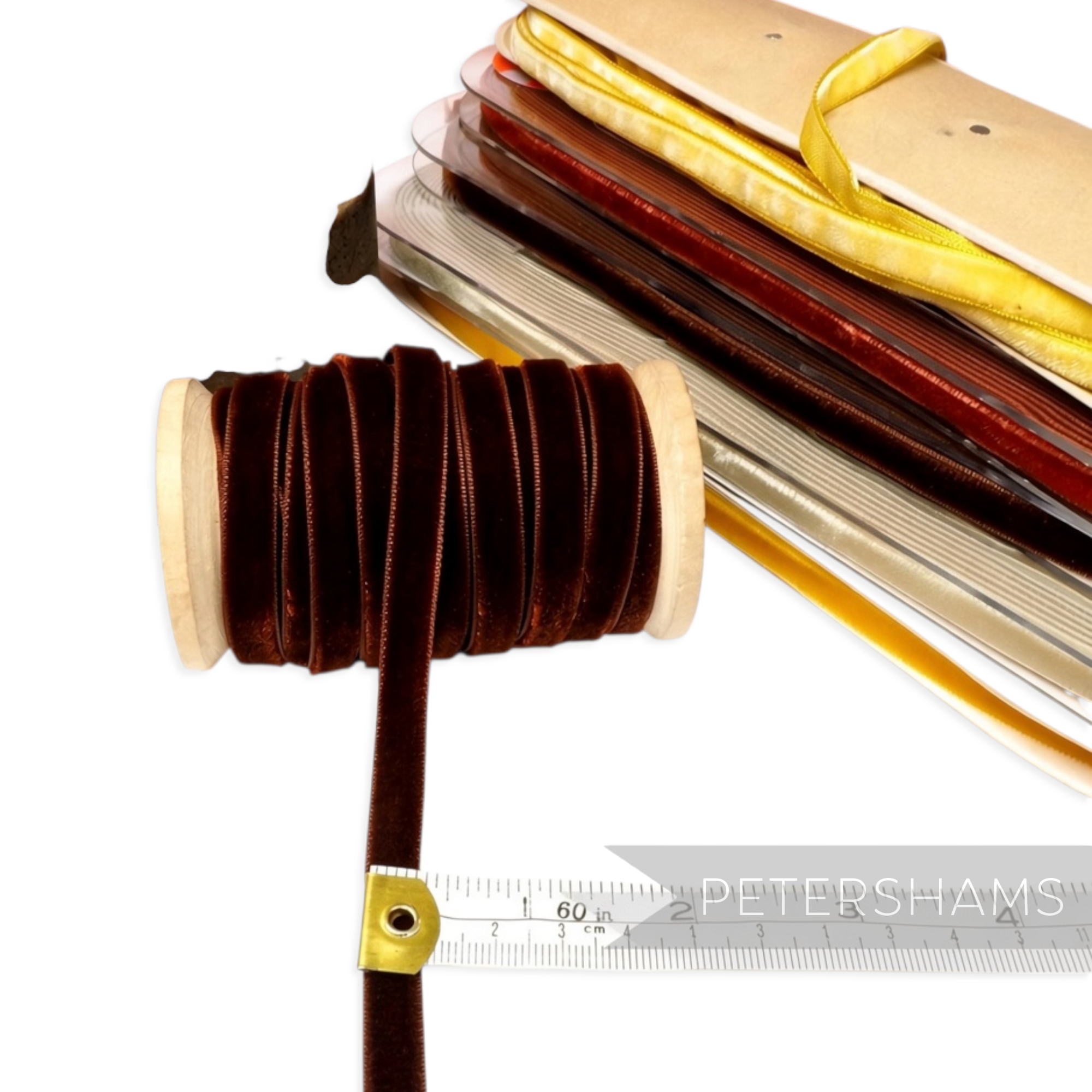 Petershams Millinery Supplies 9mm wide dark brown vintage rayon velvet ribbon on a wooden spool with measuring tape