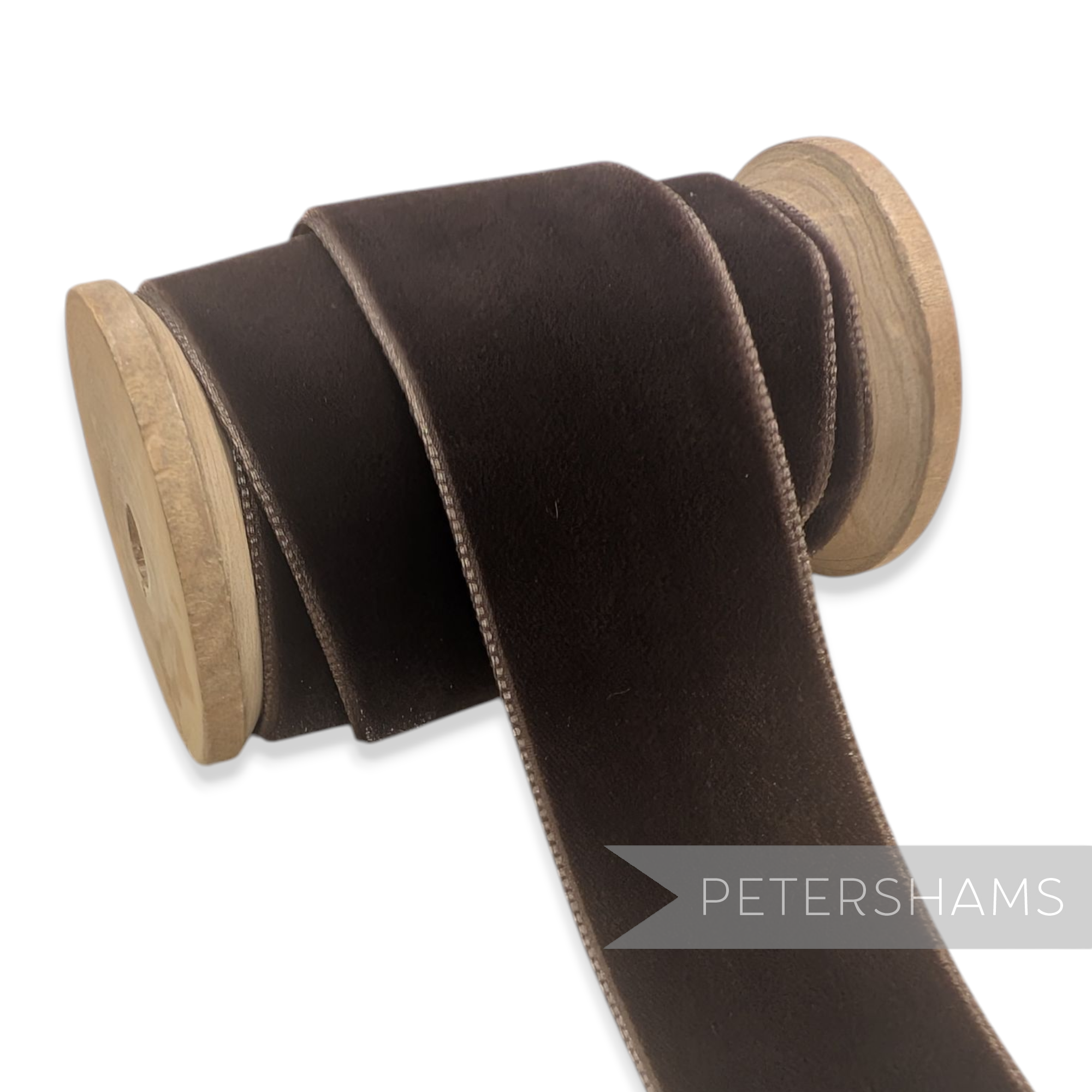 Petershams Millinery Supplies 36mm wide chocolate brown French velvet ribbon on a wooden spool