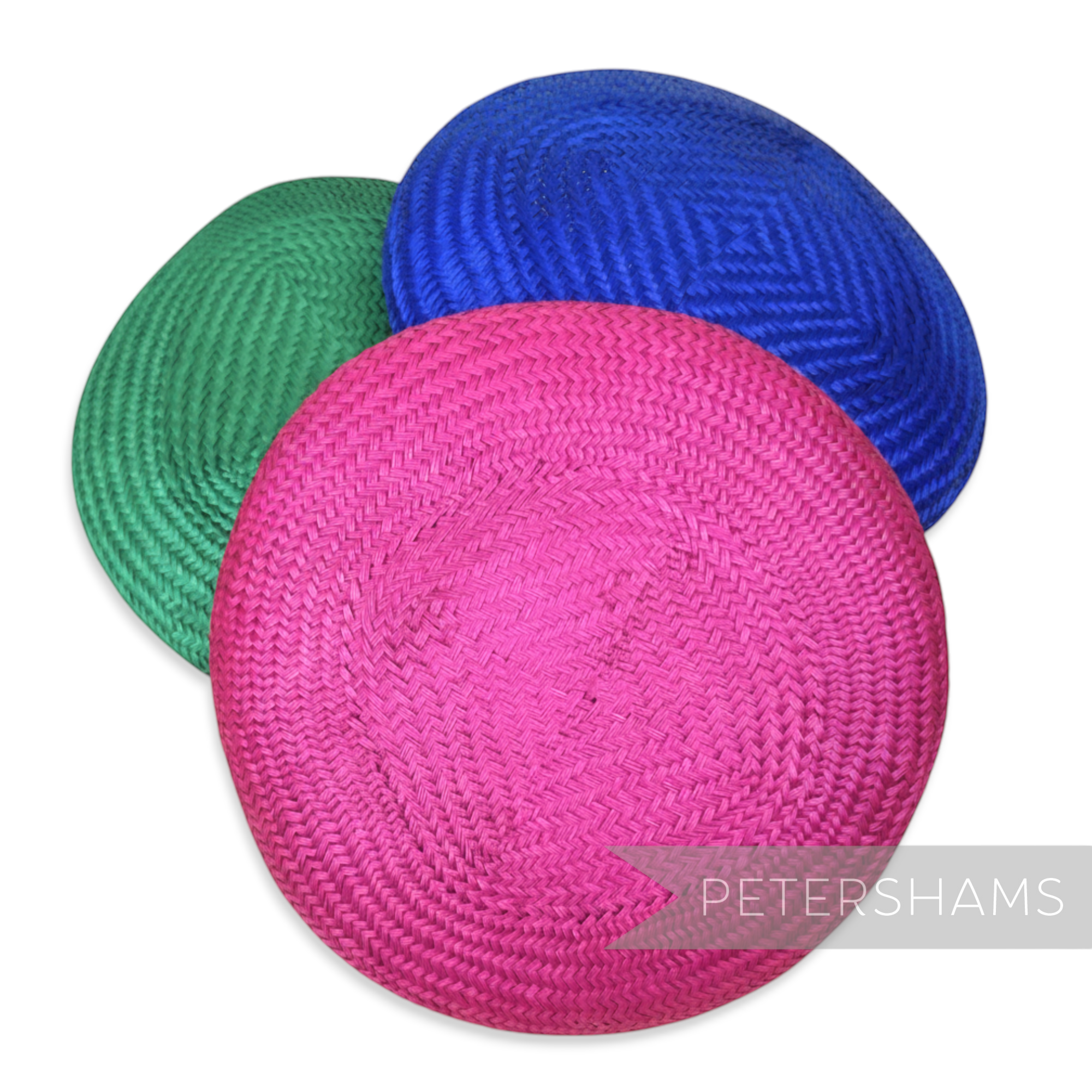 Petershams Millinery Supplies round 17cm buntal straw button fascinator hat bases in pink, blue, and green.